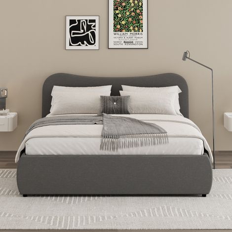 Letto a cassettiera 140x190cm design arrotondato velluto a coste grigio PLANO