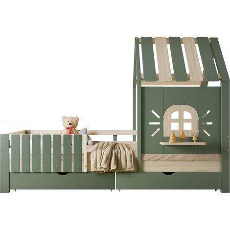 CHICFURN Letto a casetta per bambini 90x200 cm verde/naturale in legno e MDF con 2 cassetti (1/5)