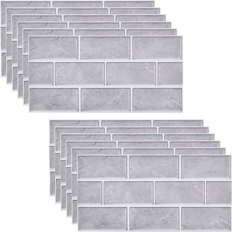 Lot de 12 feuilles d'autocollants muraux imperméables pour cuisine et salle de bain, 30 x 15 cm (gris)