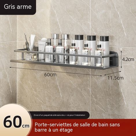 Grande étagère murale pour produits de bain 60 cm, rebord sécurisé, installation facile sans perçage