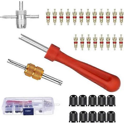 Kit d'outils de réparation pour extracteur d'obus de valve (modèle 2025) : extracteur d'obus de valve à simple et double tête + 1 outil de valve 4 voies + 10 bouchons de valve pour pneus de voiture + (1/4)