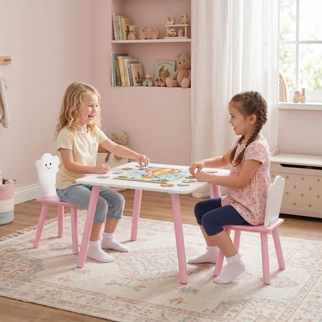 Ensemble table et 2 chaises enfant Montessori 3-6 ans, bords arrondis, bois d'ingénierie rose (1/5)