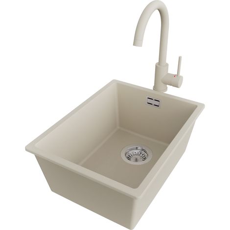 PRIMAGRAN Evier Cuisine en Granit 36x47cm,Lavabo 1 bac + Robinet 32x20cm + Kit de Vidage, Évier à Encastrer au meuble 40cm - London Slim, Beige (1/5)