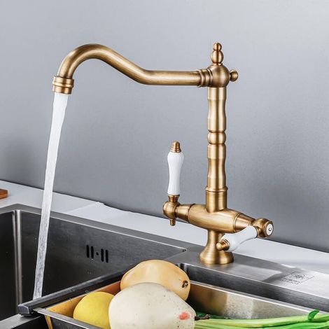 Antiker Küchenarmatur mit 360° Drehung – Doppelgriff-Spültischarmatur – Nostalgischer Wasserhahn – Hochdruckmischer – Hochauslauf aus Messing (1/5)