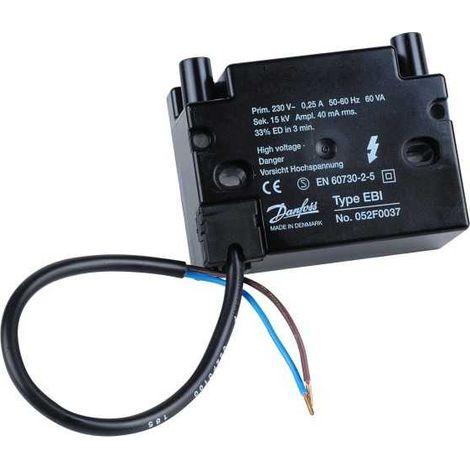 Danfoss – Transformateur d'allumage pour chaudière fioul – Tension 11000V – Sortie 2 x 15000V – Service 33% / 3min – Câble inclus