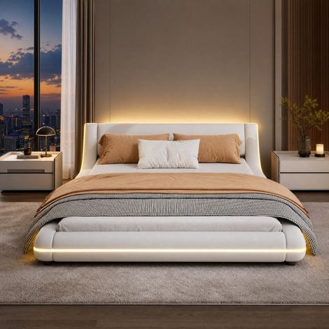 Letto matrimoniale 140x200 cm con illuminazione LED regolabile via app, in PU e MDF bianco, senza materasso (1/5)