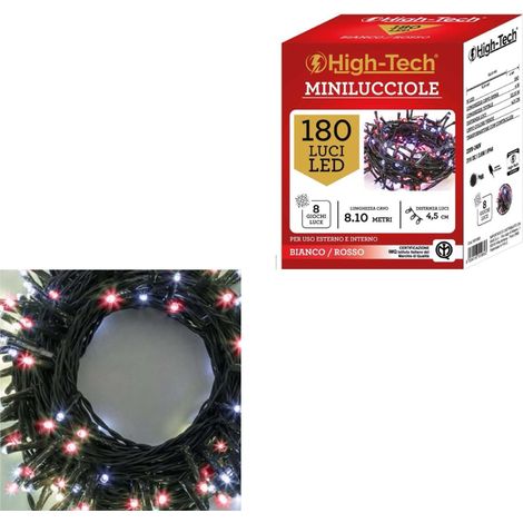 HIGH-TECH FILO LED 180 LUCI MINILUCCIOLE BIANCO/ROSSO CON 8 GIOCHI DI LUCE LUNGHEZZA 8.10 MT USO INTERNO E ESTERNO (1/5)