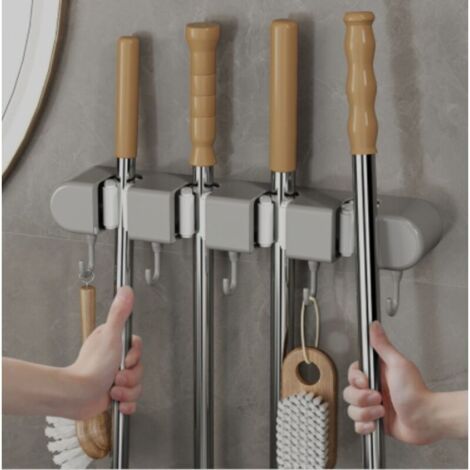 Accroche Balais Mural/SANS PERÇAGE/ 4 Supports + 5 Crochets - support Balais, Porte Balais mural Résistant à l'Eau, Rangement balais, attache balais, organisateur salle de bain (1/5)