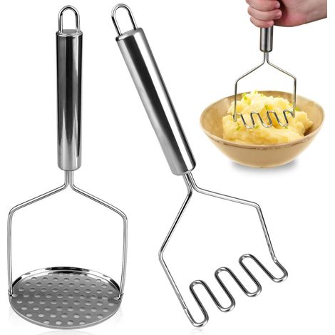 Set mit 2 manuellen Kartoffelstampfern aus Edelstahl, geeignet zum Pürieren von Kartoffeln und Avocados, spülmaschinenfest (1/5)