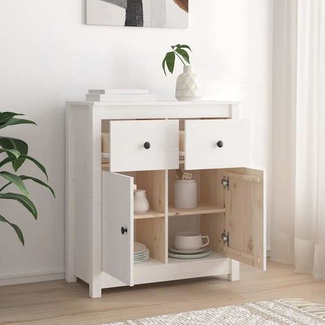 Buffet de Cuisine en Bois Massif Pin, Meuble Rangement 70x35x80 cm, Armoire Blanche avec Étagères pour Salon Entrée (1/5)