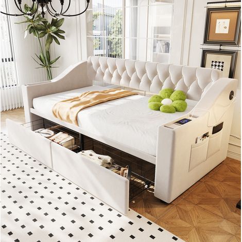 Schlafsofa 90/190 cm beige aus Samt mit USB-Anschluss und Stauraum (1/5)