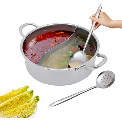 Hot Pot Topf aus 304 Edelstahl - 32cm Shabu Kochgeschirr Mit 2 Kammern und Suppenkellen - Kochwerkzeug für Küchen und Haushalte (1/5)