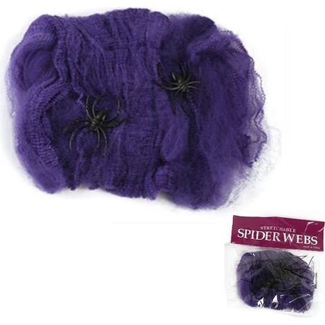Décoration en toile d'araignée d'Halloween - ANNEFLY 100g Toile d'araignée extensible -10 araignées en plastique-Violet (1/4)