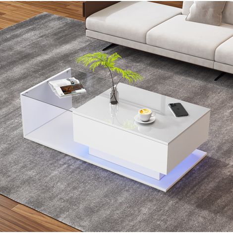 Tavolino da caffè 100x50x32 cm bianco in legno, con vano portaoggetti, stile moderno FloraGrace (1/5)