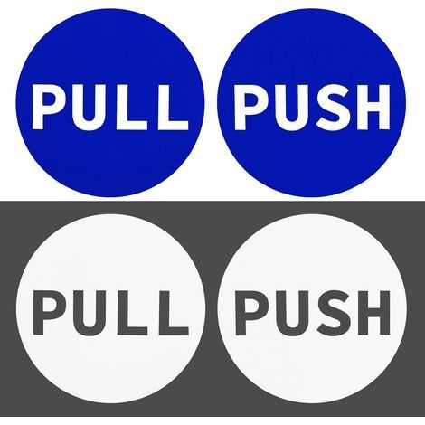 Lot de 2 autocollants de porte « Pousser/Tirer » auto-adhésifs, pour portes vitrées de bureaux, magasins et boutiques (blanc/bleu). (1/5)
