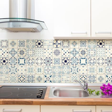 Sticker Mural Carrelage adhésif Cuisine Salle de Bain - 9 STICKERS CARREAUX DE CIMENT AZULEJOS ALFIO - 9stickers20x20cm (1/5)