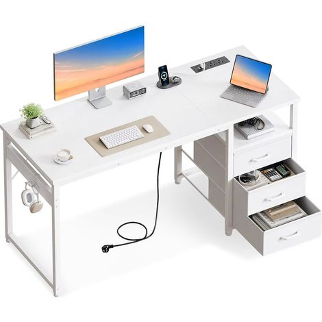 Bureau avec Rangement en Tissu, 3 Tiroirs et 2 Prises USB, Table d’Ordinateur 120 x 48 x 75,5 cm, Blanche (1/5)