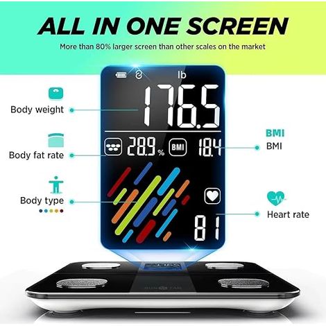 Smart Bathroom Scales, Scales with Large Screen, Connected Scales with 15 Body Measurements, BMI, Heart Rate App, Black (1/4)