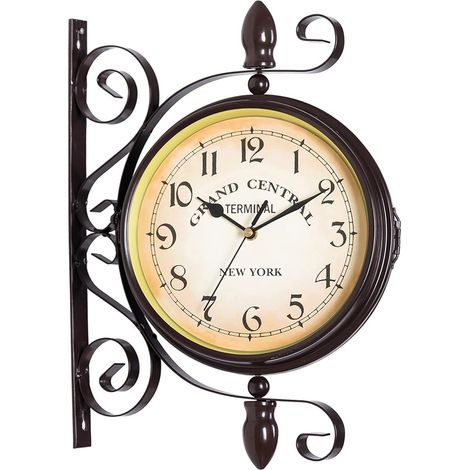 Horloge Murale Double Face Style rétro Antique Horloge Murale de Gare avec Design en Fer forgé, Horloge à Piles avec Chiffres Arabes Style rétro Horloge de Jardin pour Gare, Couloir ou Jardin (Noir) (1/5)