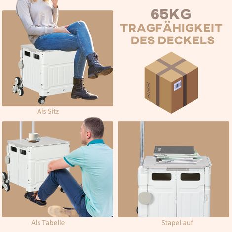 Chariot de courses pliable avec poignée télescopique réglable, monte-escalier jusqu'à 80 kg, avec couvercle, blanc pour achats et voyages (1/5)