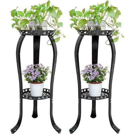 2 Niveaux Supports de Pots de Fleurs Noir et Blanc, Étagère Plantes pour Intérieur et Extérieur en Métal (1/5)