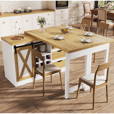 MODFU – Îlot cuisine 120-197x40x72 cm MDF – Table modulable et porte coulissante – 3 tiroirs et charge 60 kg – Cuisine – Blanc/chêne (1/5)