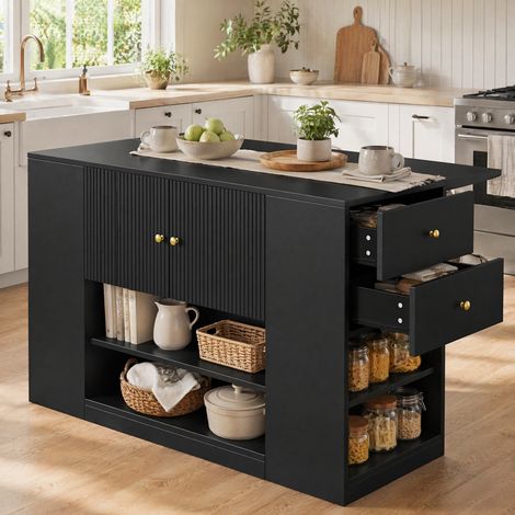 Isla de cocina 140 x 40 x 90 cm negra con tablero abatible, cajones y estantes (1/5)