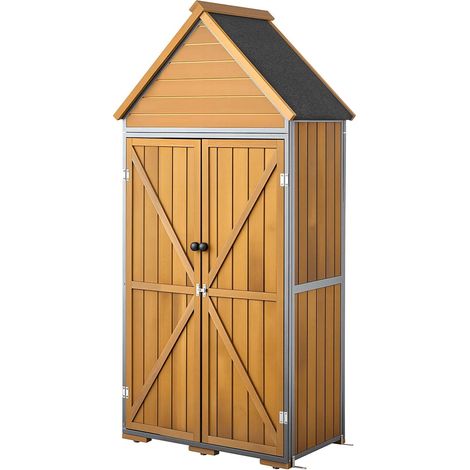 Armoire Jardin en Bois et Métal 112x170 cm Meuble Rangement Extérieur, pour Terrasse, Balcon, Porche, Étanche, avec Toit en Pente, Étagère Amovible, Base Surélevée, Porte Verrouillable, Marron (1/5)
