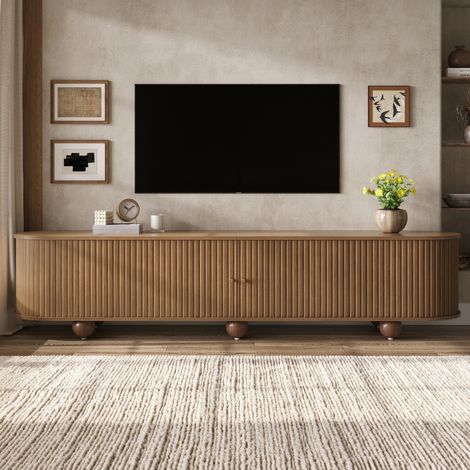 Meuble TV noyer avec portes coulissantes à relief vertical et pieds boule, 180x35x45 cm (1/5)