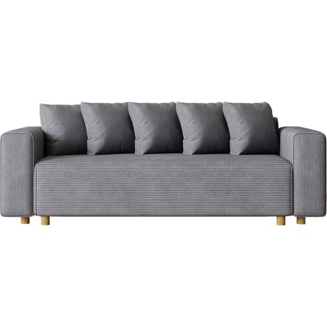 Concept-Usine – Canapé convertible 3 places en velours côtelé gris – Structure en bois massif – Coussins déhoussables – Densité ferme – Dimensions 213 x 83 x 82 cm (1/5)