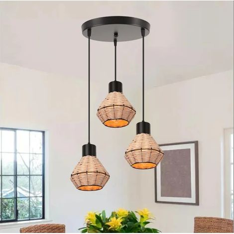 3lamps Rétro Suspension Luminaire Industriel,Lustre Abat-jour en Bambou et Métal Plafonnier Cage Rétro pour Salon Chambre (1/5)