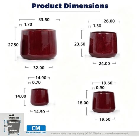 Set 4 pots céramique lisse (Ø33/26/20/15cm), rouge profond brillant haute glaçure, respirant, antigel, drainage, intérieur balcon jardin - Intensité chromatique (1/5)