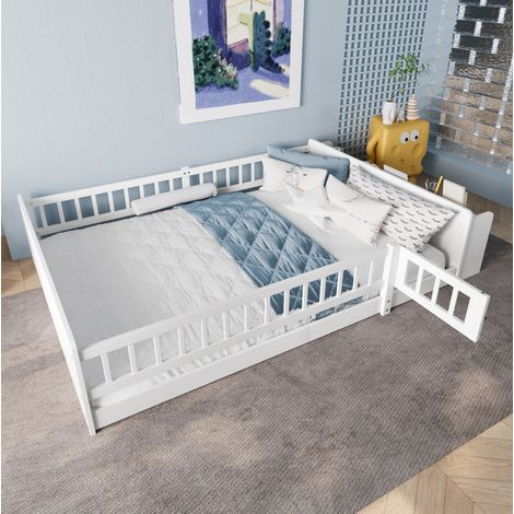 Cama infantil 140x200 cm blanca de pino y MDF con almacenaje abierto y barrera abatible (1/5)