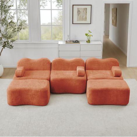 Canapé modulaire en U 288x167x70 cm orange en velours avec assise profonde et 2 ottomans (1/5)