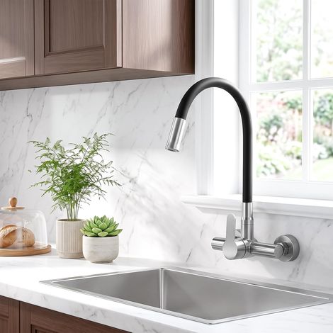 Grifo mezclador mural para fregadero de cocina con caño flexible Grifo mural para fregadero con 2 tipos de chorro de agua en acero inoxidable con manguera flexible y caño giratorio de 360° (1/5)