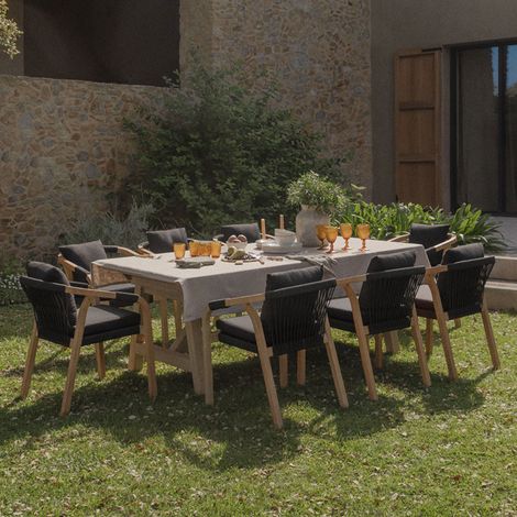 Set de table rectangulaire extensible 200-260-320x100 cm et 8 chaises de jardin avec accoudoirs en bois d'acacia Dubai SKLUM (1/5)