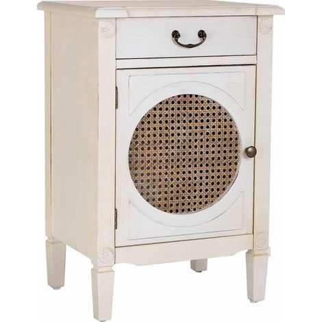 table de chevet en bois blanc laqué avec tiroir et porte tressée - blanc laqué et cannage naturel (1/5)