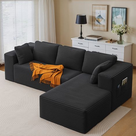 Bealife L-förmiges Ecksofa mit Cordkissen keine Installation Erforderlich Rechte Ecke für Wohnzimmer Arbeitszimmer Schlafzimmer Leseecke Schwarz
