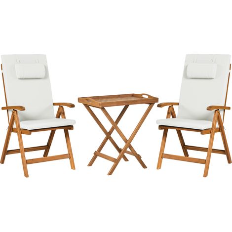 Conjunto de balcón rústico de madera de acacia mesa y 2 sillas plegables con cojines blanco crema Java Premium
