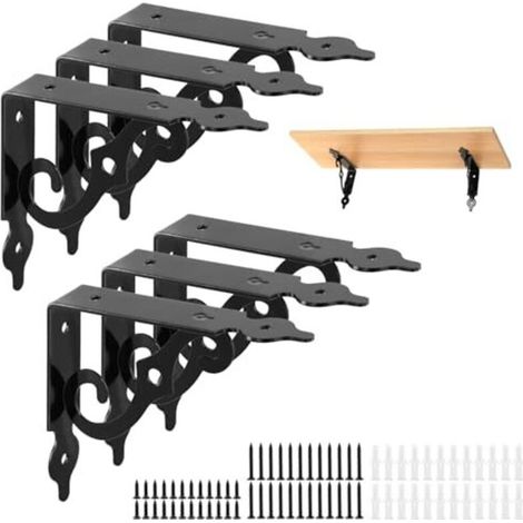 6 Pieces L-shaped wall shelf brackets, floating shelf brackets 14x11 cm, black metal shelf support with screws (1/5)