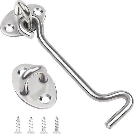 100 mm langer Torhaken aus silberfarbenem Edelstahl, Ösen-Türschloss, verwendet für Holztore, Fensterfeststeller und Tor-Türriegel. (1/4)