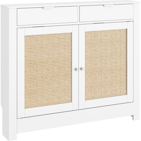 Cache-radiateur avec portes pliantes et rotin 2 compartiments design bohème pour salon chambre blanche (1/5)