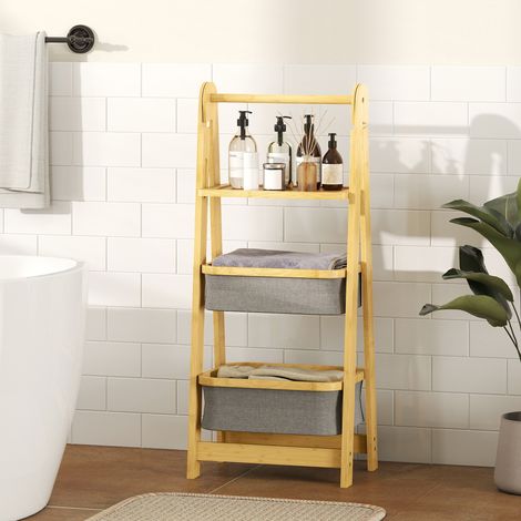 Mensola da bagno pieghevole in bambù con 2 cesti portabiancheria, ripiano aperto, grigio