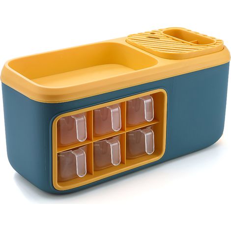 Boîte de rangement bouteilles d'assaisonnement bleue, double couche multifonction pour cuisine, organise épices, couteaux, cuillères et ustensiles. (1/5)
