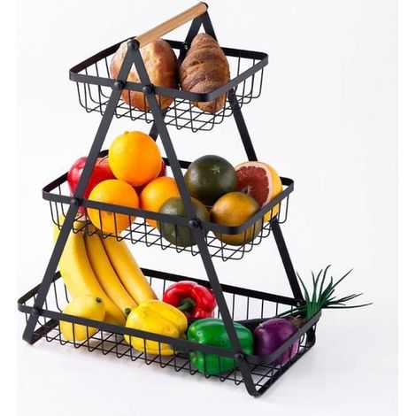 Cesto per frutta, porta frutta in metallo, cesto per frutta e verdura a 3 livelli smontabile, per cucina, casa e ufficio - Nero
