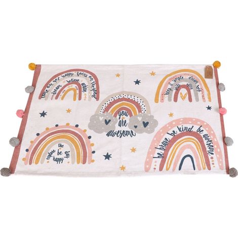 Tapis enfant rectangulaire arc en ciel avec pompons