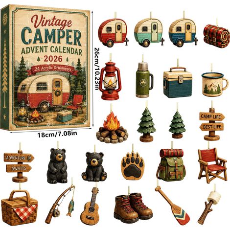Calendrier de l'Avent Vintage Camper 2026 - 24 décorations suspendues en acrylique 2D avec des motifs sur le thème du camping - Calendrier de l'Avent de 24 jours pour décorer le sapin de Noël et cadea (1/5)