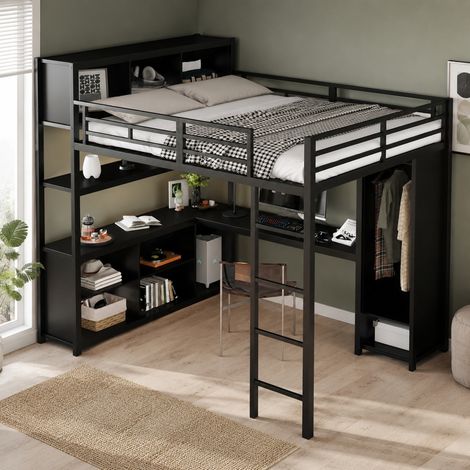 DESMIU Lit mezzanine 2 places avec bureau, rangement et armoire, 140 × 200 cm, sans matelas, noir (1/5)