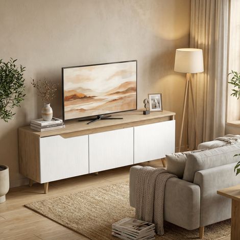 Meuble TV 120 Cm, Meuble Télé pour Téléviseur Jusqu'à 55 Pouces avec 3 Portes, Chêne et Blanc (1/5)