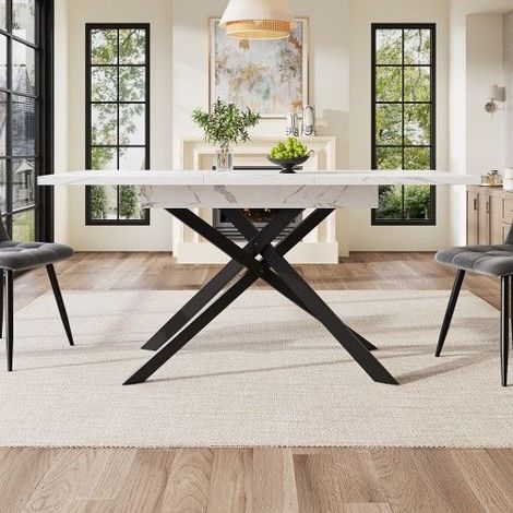 Table à manger extensible 120-160 x 80 x 76,5 cm, plateau effet marbre blanc, pieds croisés en métal noir (1/5)
